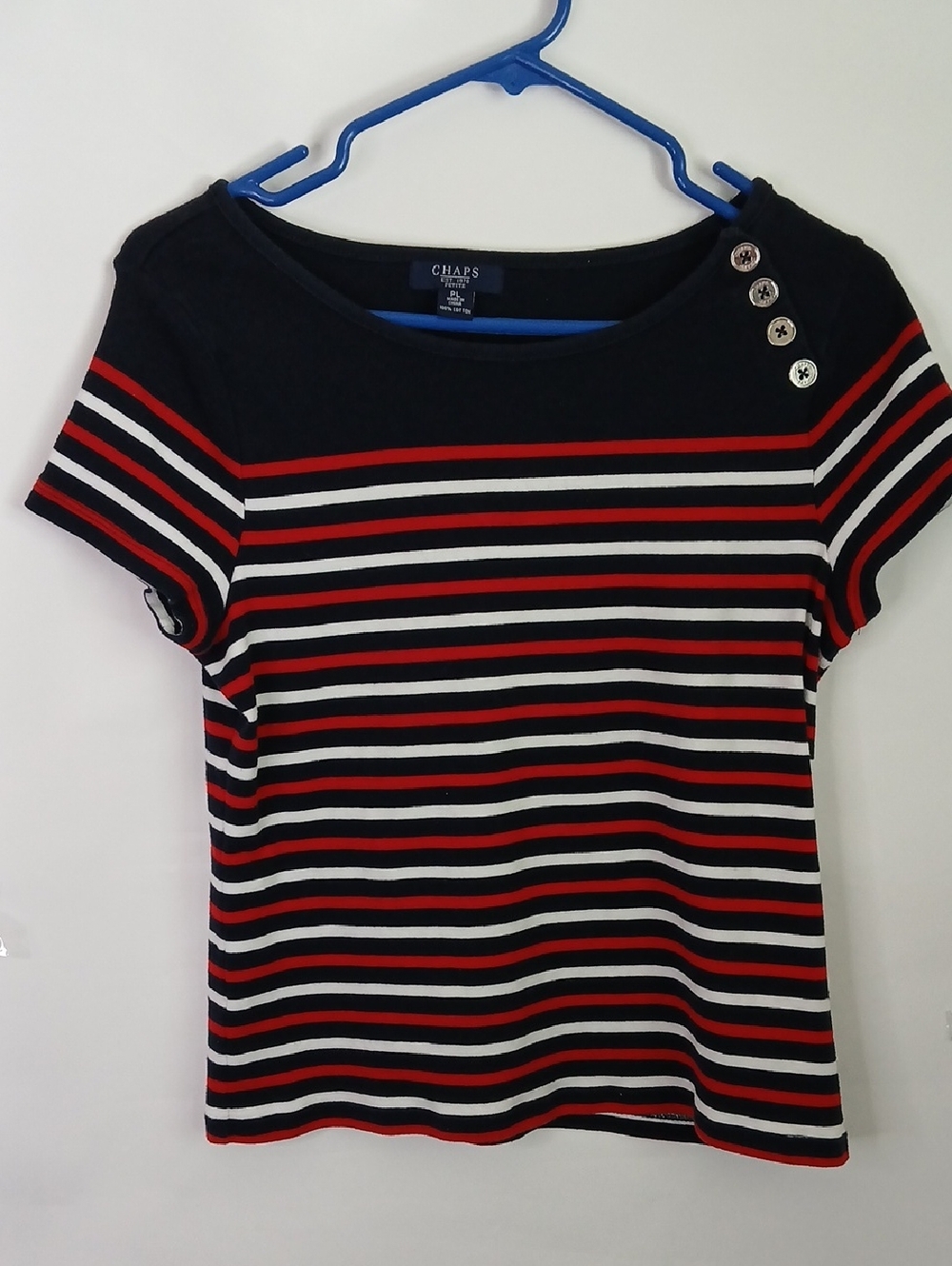 Chaps Women's Navy Red White Striped Short Sleeve Tee with Shoulder Buttons